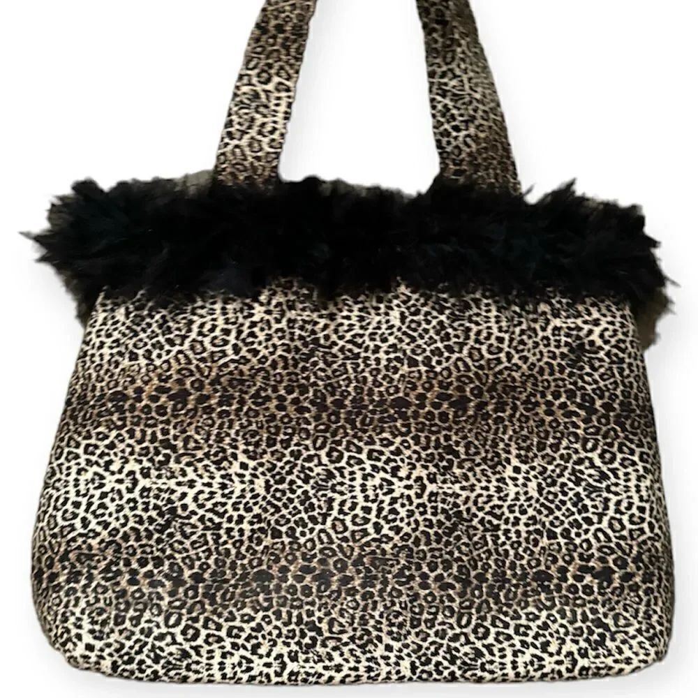 Leopard Print Tote Bag Purse Small Faix Fur Shoulder Bag Feather Fringe